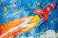 A childs crayon painting of a powerful rocket launching into the sky