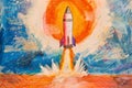 A childs crayon painting of a powerful rocket launching into the sky