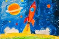 A childs crayon painting of a powerful rocket launching into the sky