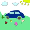 Childs drawing of car, colorful flowers in green field. Kids style simple drawing summer landscape and vintage car, vector eps 10 Royalty Free Stock Photo