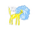 Childs drawing of a yellow lion with a blue mane