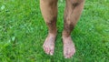 A childs feet with mud. Having waded through the mud, he stands in lush green grass Royalty Free Stock Photo