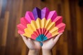 a childs hand holding a small, brightly colored paper fan