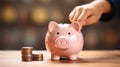 Childs hand putting coins in his pink piggy bank created with Generative AI.