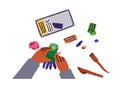 Childs hands with plasticine, above top view. Black kid making, modeling figure from playdough. Creative DIY, handcraft