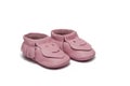 Childs light pink booties on a white background