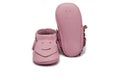 Childs light pink booties on a white background