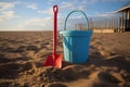 a childs plastic bucket and spade abandoned in the sand Royalty Free Stock Photo