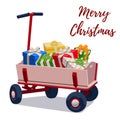 Childs red wagon on white background filled with christmas gifts.