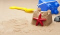 Childs sandcastle on beach. Royalty Free Stock Photo