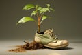 a childs shoe nurturing a young sapling