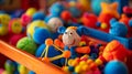 A childs toy box is filled with plush versions of protons neutrons and electrons making science fun Royalty Free Stock Photo