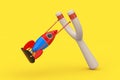 Childs Toy Rocket Start from Danger Wooden Slingshot Toy Weapon. 3d Rendering Royalty Free Stock Photo