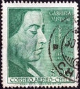 CHILE - CIRCA 1959: A stamp printed in Chile shows poetess, Nobel Prize Winner Gabriela Mistral, circa 1959.