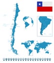 Chile - detailed blue country map with cities, regions, location on world map and globe. Infographic icons Royalty Free Stock Photo