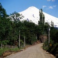 Pucon dirt road panoramic view in Patagonia with trees and volcano covered in snow Royalty Free Stock Photo