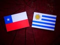 Chilean flag with Uruguaian flag on a tree stump Royalty Free Stock Photo