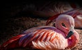 Chilean Flamingo is lying on the ground and resting