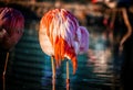 Chilean Flamingo is standing in water and his head is hidden in feathers. Resting. background is pure blue water