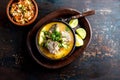 CHILEAN FOOD. Fish soup CALDILLO DE CONGRIO served in clay bowl, top view