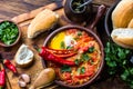 Chilean food. Picante caliente. Tomatoes, onion, chili fried with eggs Royalty Free Stock Photo