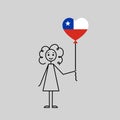 chilean girl, love Chile sketch, girl with a heart shaped balloon, black line vector illustration