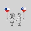 chilean children, love Chile sketch, girl and boy with a heart shaped balloons, black line vector illustration