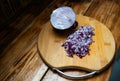 Chilean Pebre sauce preparation, chopping onion Royalty Free Stock Photo