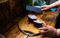 Chilean Pebre sauce preparation, cutting onion Royalty Free Stock Photo