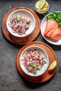 CHILEAN SALMON SEVICHE. Fresh raw salmon marinaded with purple onion, coriander in lemon juice. Ceviche and ingredientes