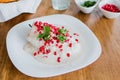 Chiles en nogada, traditional Mexican dish with poblano chili peppers and walnut sauce from Puebla Mexico