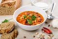 Chili Beans Stew, Bread, Red Chili Pepper And Garlic Royalty Free Stock Photo