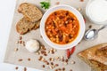 Chili Beans Stew, Bread, Red Chili Pepper And Garlic Royalty Free Stock Photo