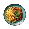 Chili Cheese Fries On Blue Smooth Round Plate On Isolated Transparent Background U.S. Dish. Generative AI