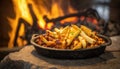 Chili Cheese Fries On Stone, Blurred Background, Rustic Pub Stone Oven. Generative AI