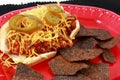 Chili Cheese Hot Dog With Spicy Blue Corn Tortilla
