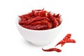 Chili, Chilli red Spicy hot flavor, Dried red chillies in a white cup top view on white background Royalty Free Stock Photo