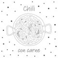 Chili con carne in large pot with lettering and decorative element. Latin American and Mexican food.