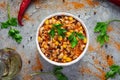 Chili con carne in a bowl. Mexican cuisine. Chili with meat, corn and beans