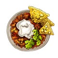 Chili con carne in bowl - mexican traditional food. Vector vintage hatching Royalty Free Stock Photo