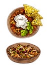 Chili con carne in bowl - mexican traditional food. Vector vintage hatching Royalty Free Stock Photo