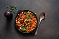 Chili con carne classic mexican dish on the kitchen table, top view