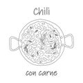 Chili con carne in a large pot with lettering. Traditional Mexican cuisine. Latin American food.