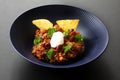 Chili con carne meal in a rustic bowl. Traditional dish of mexican cuisine with kidney beans, minced meat, parsley and tortilla ch