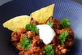 Chili con carne meal in a rustic bowl. Traditional dish of mexican cuisine with kidney beans, minced meat, parsley and tortilla ch Royalty Free Stock Photo