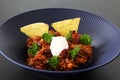 Chili con carne meal in a rustic bowl. Traditional dish of mexican cuisine with kidney beans, minced meat, parsley, tortilla chips Royalty Free Stock Photo