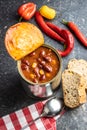 Chili con carne. Mexican food with beans in can Royalty Free Stock Photo