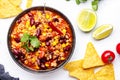 Chili con carne with minced beef, red beans, paprika, sweet corn and hot peppers in spicy tomato sauce, tex-mex cuisine dish, Royalty Free Stock Photo