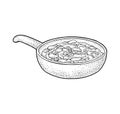 Chili con carne in pan - mexican traditional food. Vector engraving Royalty Free Stock Photo