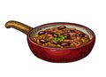 Chili con carne in pan - mexican traditional food. Vector engraving Royalty Free Stock Photo